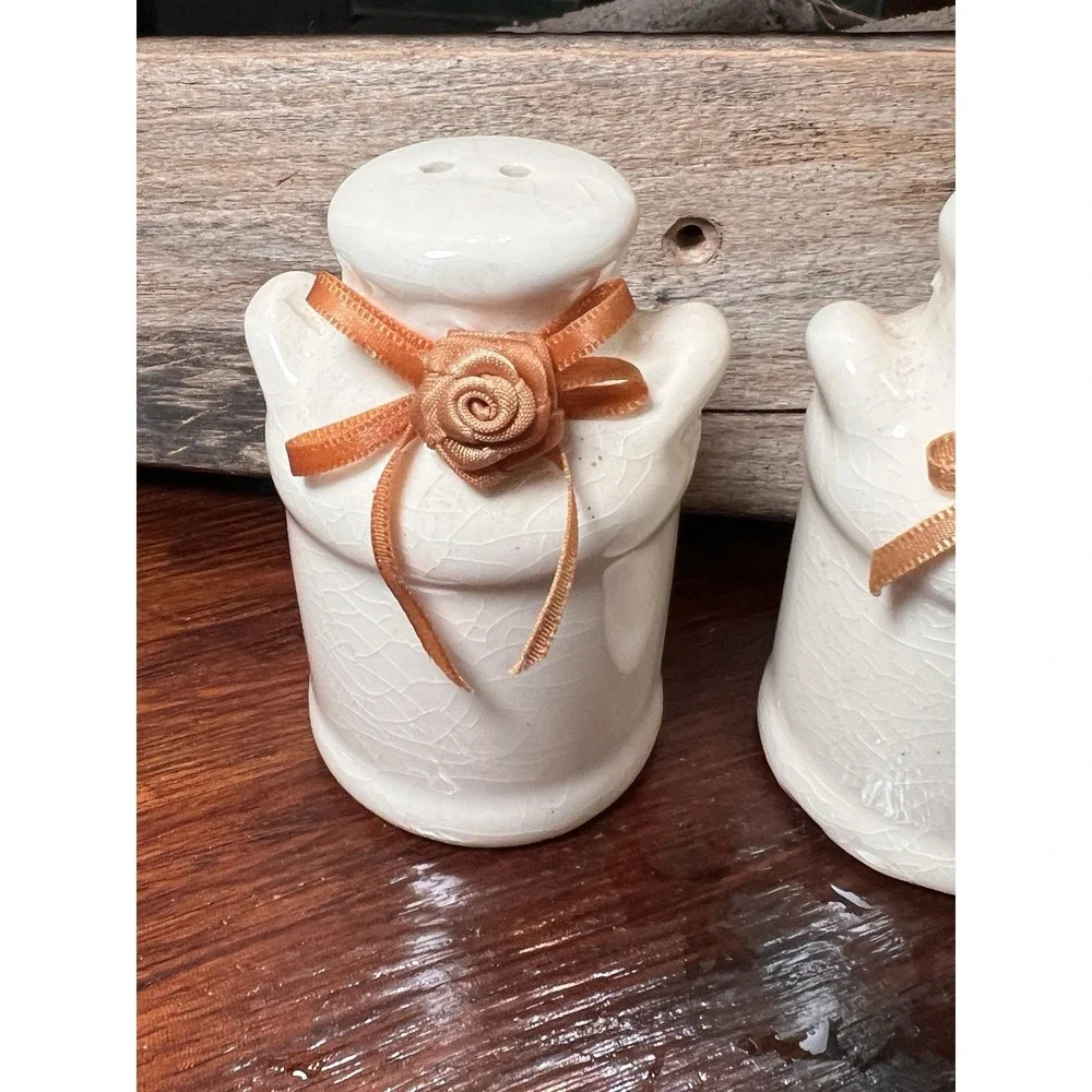 Ceramic Milk Cans Salt and Pepper Shakers Country Style Silk Ribbon Rose Vintage